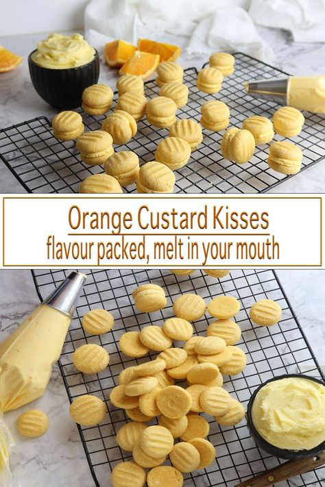 Custard Kisses Biscuits, Custard Powder Cookies, Kissing Biscuits, Yoyo Biscuits, Kiss Biscuits, Farm Treats, Custard Buttercream, Custard Biscuits, Orange Custard