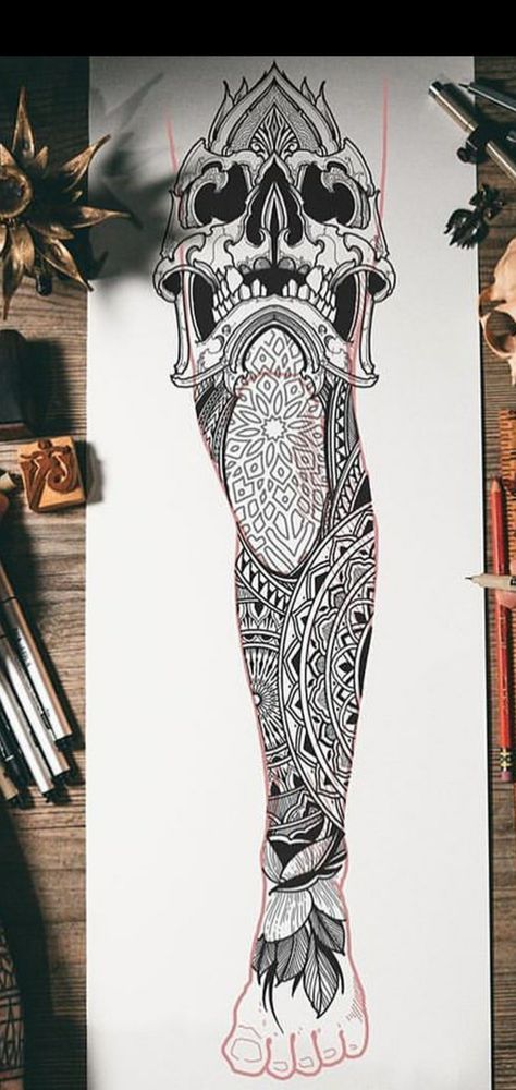 Skulls And Nature Tattoo, Viking Leg Tattoo, Unique Tattoo Sleeve, Kalodimas Tattoo, Leg Tattoo Stencil, Leg Sleeve Tattoo Male, Tattoo Warrior, Geometric Tattoo Leg, Tato Maori