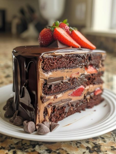 🍫🍓 The Ultimate Reese's and Chocolate Strawberry Dream Cake 🍫🍓🎉  This cake features rich chocolate layers, a luscious strawberry filling, and a smooth chocolate ganache that makes every bite a dream come true.   Ingredients⤵️  Chocolate Cake Layers: 2 cups all-purpose flour 🌾 2 cups granulated sugar 🍬 Chocolate Cake Mix Recipes, Decadent Food, Chocolate Strawberry, Dessert Lover, Dream Cake, Chocolate Cake Mixes, Sweet Delights, Take The Cake, Cake Mix Recipes