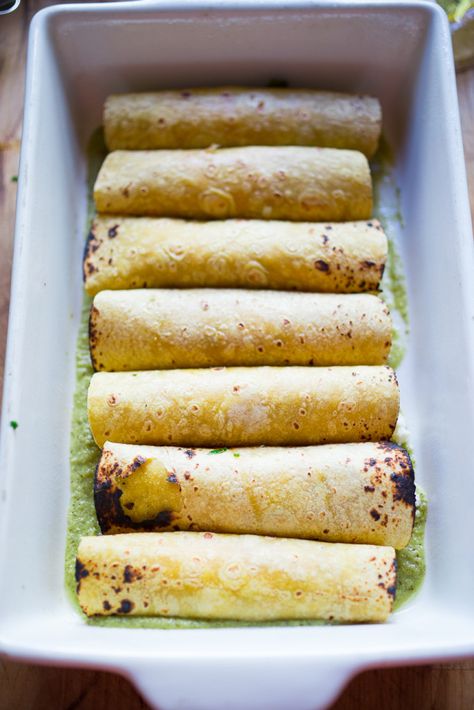 Smoked Chicken Enchiladas with sweet corn, poblanos and a vibrant flavorful Tomatillo sauce. | www.feastingathome.com Tomatillo Enchilada Sauce, Green Enchilada Recipe, Poblano Chicken, Green Enchiladas, Poblano Sauce, Green Chicken Enchiladas, Tomatillo Sauce, Vegetarian Enchiladas, Chicken Corn