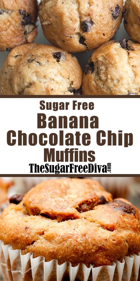 Vegan Banana Chocolate Chip Muffins, Sugar Free Banana Muffins, Banana Choc Chip Muffins, Sugar Free Muffins, Sugar Free Recipe, Sugar Free Banana Bread, Recipe For Breakfast, Sugar Free Baking, Low Carb Low Fat Recipes