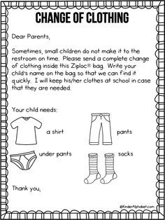 Parent Letter for Change of Clothing (free; from KinderAlphabet via Freebielicious) Back To School For Preschoolers, Letter In English, Nurse Ideas, Beginning Of Kindergarten, Teacher Info, Clinic Decor, Transitional Kindergarten, Notes To Parents, Extra Clothes