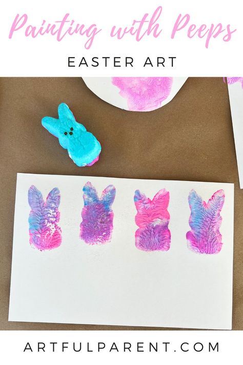 Create fun Easter art with Peep painting! This simple yet engaging process art activity allows kids to use marshmallow bunnies as stamps, creating vibrant and colorful prints.  easter art for kids | easter art for children | easy easter ideas | easter art crafts | easter crafts #easterart #kidsart Easter Crafts And Activities, Peep Art Project, Peeps Painting, Spring Process Art, Egg Ideas For Kids, Toddler Easter Crafts, Easter Activities For Preschoolers, Easter Art Activities, Easter Art For Kids