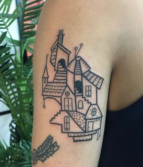 Mad Manning on Instagram: "Arm town for Huy! Thanks for choosing this design ✨ . . . . #towntattoo #citytattoo #villagetattoo #medievaltattoo #tattooapprentice #apprenticetattoos #linetattoo #houses #armtattoo #stairs #femaletattooartist #village" Village Tattoo, The View Between Villages, Town Tattoo, Medieval Tattoo, City Tattoo, Female Tattoo Artists, Tattoo Apprentice, Over The Hill, Line Tattoos