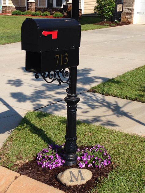 Mailbox landscape with monogram on a rock Landscaping By Mail Boxes, Rocks Around Mailbox Curb Appeal, Simple Mailbox Landscaping, Mail Box Landscaping, Mailbox Landscaping Curb Appeal, Mailbox Update, Mailbox Landscape, Mailbox Flowers, Mailbox Garden