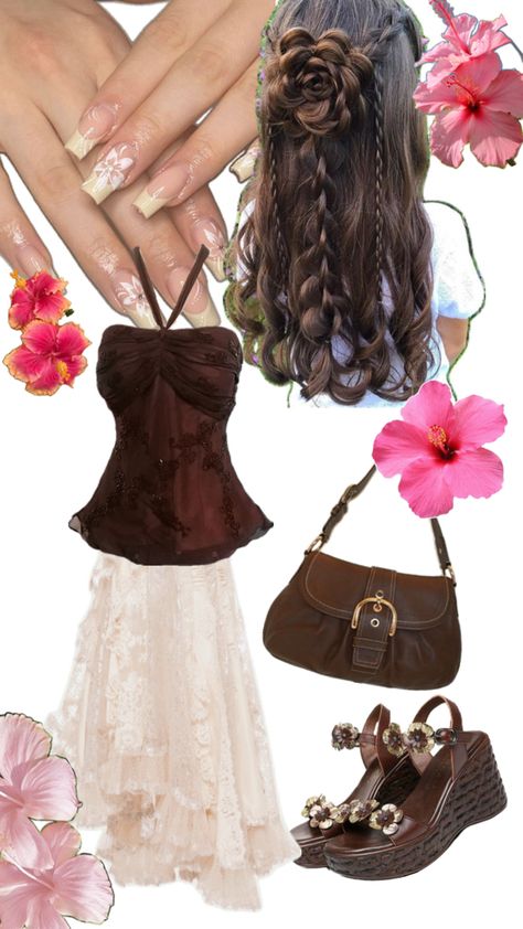 brown outfit lace hibiscus wedge heels hair style ootd Boho Style Outfits, Dress Aesthetic, Vintage Fits, Swaggy Outfits, Cute Everyday Outfits, Really Cute Outfits, Summer Fashion Outfits, Fancy Outfits, Dream Clothes