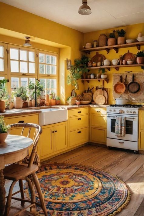 Moroccan Kitchen Design, Boho Kitchen Design, Yellow Kitchen Designs, Yellow Kitchen Cabinets, Boho Style Kitchen, Airy Kitchen, Kitchen Yellow, Boho Kitchen Ideas, Kitchen Mood Board