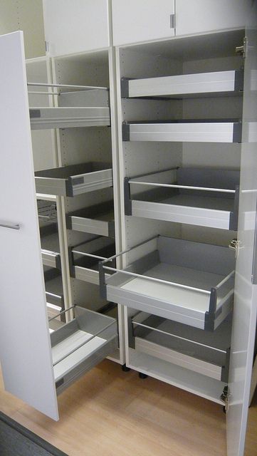 pull-out and interior-drawers pantry options by Dome Project Management, via Flickr Pantry Options, Ikea Kitchen Drawers, Diy Pull Out Shelves, Ikea Pantry, Pantry Interior, Pull Out Pantry, Pantry Drawers, Pantry Room, Corner Pantry