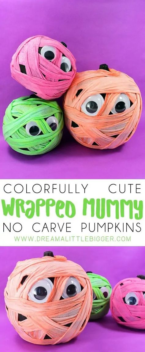 These funny mummies are so easy to make and don't need to be died to be cute. Here is a list of more pumpkin decorating ideas that toddlers, preschoolers and kids of all ages can create! #howweelearn #pumpkincarving #pumpkindecorating #jackolantern # halloween #kidsactivities Aesthetic Craft Ideas, Aesthetic Craft, Carve Pumpkins, Easy Pumpkin Carving, Fake Pumpkins, Halloween Pumpkins Carvings, Halloween Scene, Small Pumpkins, Halloween Craft