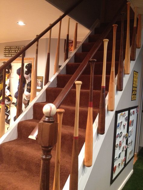 Baseball Basement, Baseball Bedroom, Stair Spindles, Ohio House, Recreation Room, Baseball Bats, Sports Room, Fan Cave, Basement Ideas