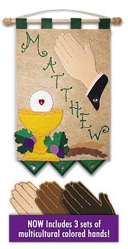 First Communion Banner Kit - 9 in. x 12 in. - Praying Hands-(Emerald Green accents) First Communion Banner Ideas, Communion Banner Ideas, Communion Banners, Emerald Green Accents, First Communion Banner, Gem Crafts, Felt Banner, Banner Ideas, Acrylic Gems