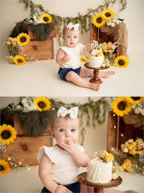 Sunflower Cake Smash First Birthdays, Sunflower First Birthday Photoshoot, Wild One Sunflower Birthday, One Year Old Sunflower Photoshoot, Sunflower 1st Birthday Photoshoot, Sunflower Smash Cake 1st Birthdays, Fall Cake Smash Girl, Baby Sunflower Photoshoot, Sunflower First Birthday Girl