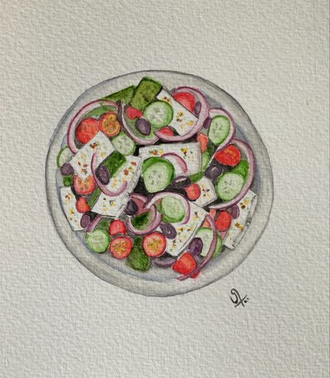 Greek Salad Illustration, Greek Food Illustration, Salad Drawing Easy, Salad Drawing Illustration, Salad Drawing, Santorini Food, Greece Food, Holiday Scrapbook, Scrapbook Printing