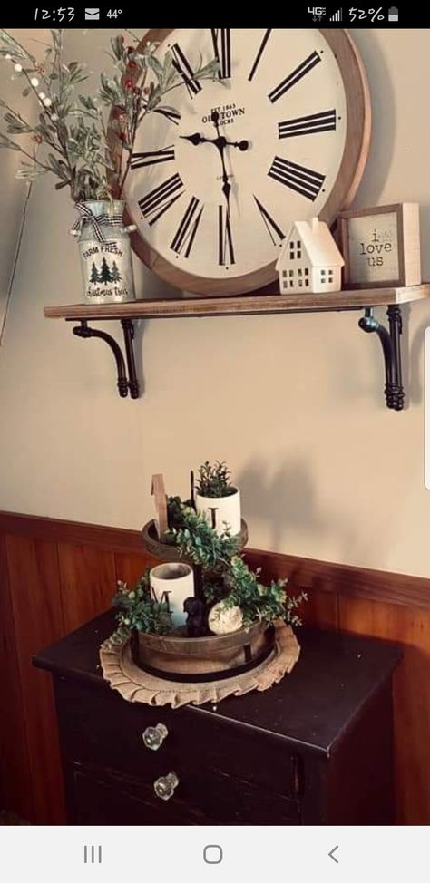 Wall Clock Styling, Dining Room Wall Decor With Clock, Clock And Shelf Wall Decor, Clock On Shelf, Wall Decor With Clock, Dining Room Floating Shelves, Dining Room Clock, Large Wall Decor Living Room, Dining Room Shelves