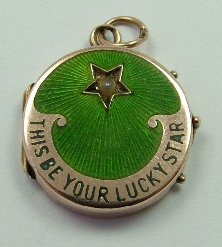 An Edwardian c1905 9ct rose gold and enamel 'This Be Your Lucky Star' locket charm with seed pearl to the front and two photo compartments inside. Lucky Aesthetic, Guilloche Enamel, Deep Winter, Lucky Charms, Locket Charms, Funky Jewelry, Lucky Star, Seed Pearl, Jewelry Inspo