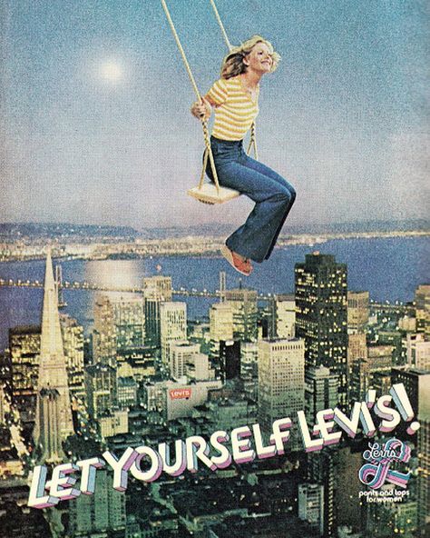 live and let levi's 1977 Fashion, Denim Looks, 70s Aesthetic, Retro Advertising, Best Ads, Retro Ads, Old Ads, Vintage Poster Art, Magazine Ads