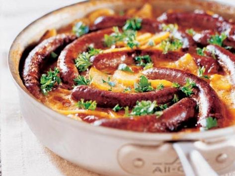 Merguez Sausages with Scalloped Potatoes | Merguez Sausages with Scalloped Potatoes Merguez Sausage Dishes, Kielbasa Sausage, Sausage Dishes, Scalloped Potato Recipes, Hot Dog Recipes, Scalloped Potatoes, Sausage Recipes, Meat Dishes, Potato Recipes