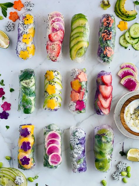 Asian Food Presentation, Fruit Summer Rolls, Cute Food Presentation, Summer Meals Aesthetic, Spring Foods Ideas, Summer Recipes Aesthetic, Summer Asian Food, Light Food Ideas, Spring Roll Ideas