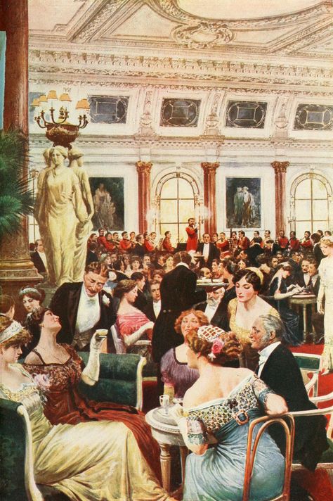 Unknown artist.  The foyer of the Savoy hotel on a Sunday night.  Pall Mall magazine extra 1912. Savoy Hotel, Cafe Society, Sunday Evening, Framed Postcards, Portrait Images, Edwardian Era, Sunday Night, Belle Epoque, Large Picture