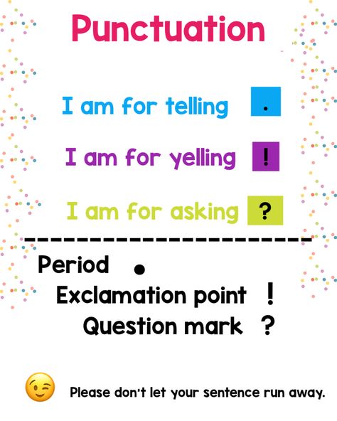 We always talk about punctuation in Kindergarten. Our running statement is if you don’t use punctuation, your sentence will run away. Funny? Weird? Maybe. But it works. Kindergarten Punctuation Activities, Teaching Genre, Measurement Lessons, Punctuation Activities, Teaching Verbs, Kindergarten Curriculum, Grammar And Punctuation, Classroom Tools, Kindergarten Lesson Plans