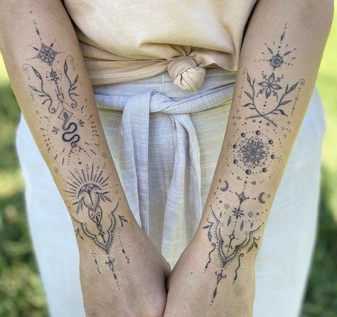 Half Sleeve Tattoo For Woman, Celestial Arm Sleeve, Fine Line Tattoo Ideas Arm, Celestial Ornamental Tattoo, Small Dotwork Tattoo, Fine Line Nature Tattoo, Ornamental Tattoo Sleeve, Arm Hand Tattoo, Dainty Fine Line Tattoo