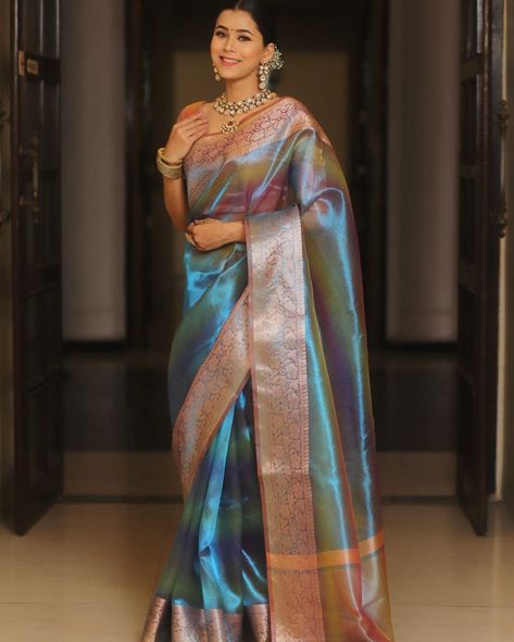 On Sale Rs.1499/- Free Shipping Beautiful Jacquard Border Tissue Silk Saree With Beautiful Rainbow Shining color and pallu and attached running Blouse also* Fabric : Tissue Silk (5.5mtr) Blouse piece 1 mtr. Code:GF1457888510508 Tissue Sarees, Tissue Silk Saree, Set Saree, Tissue Saree, Banarasi Saree, Blouse Material, Silk Sari, Classic Jewelry, Bollywood Saree