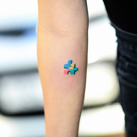 Colorful, hand-poked puzzle piece tattoo by zzizziboy Puzzle Piece Tattoo, Puzzle Tattoos, Awareness Tattoo, Pieces Tattoo, Tattoo For Son, Full Body Tattoo, Tatuaje A Color, Large Tattoos, Feather Tattoos