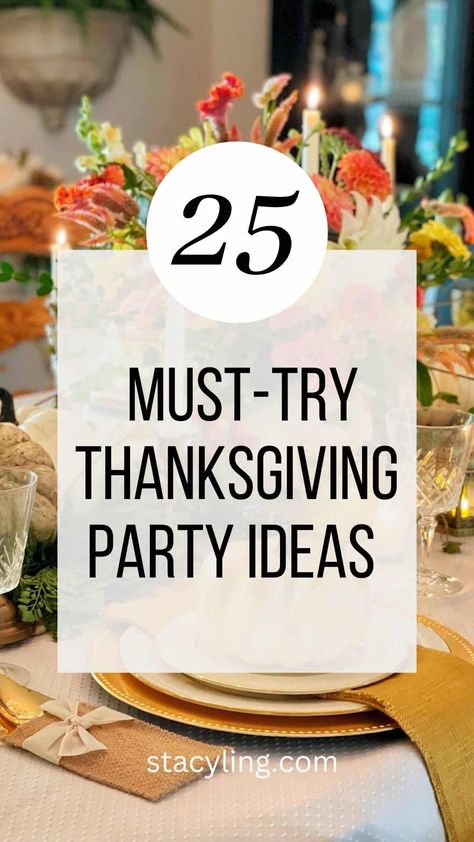 Looking for ideas to celebrate Thanksgiving or Friendsgiving this year? Wait until you see these must-try decorating, entertaining and food menu ideas for the big day! #thanksgivingparty #thanksgivingpartyideas #thanksgivingday #thanksgivingtable #tabledecorations #tabledecor #centerpieceideas #thanksgivingcenterpiece Friendsgiving Food Board Ideas, Thanksgiving Table Settings For Large Group, Thanksgiving Theme Ideas, Thanksgiving Seating Ideas, Thanksgiving Get Together Ideas, Large Thanksgiving Party, Thanksgiving Celebration Ideas, Thankful Party Ideas, Thanksgiving Event Ideas