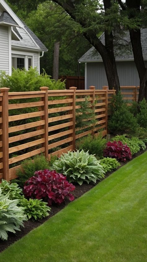 Non Privacy Fence Ideas, Fence Line Flower Bed Ideas, Garden Along House Wall, Cute Chain Link Fence Ideas, Landscaping Narrow Strip, Easy Front Landscape Ideas, Simple Landscape Backyard, Front Yard With Porch Landscaping, East Coast Landscaping Ideas