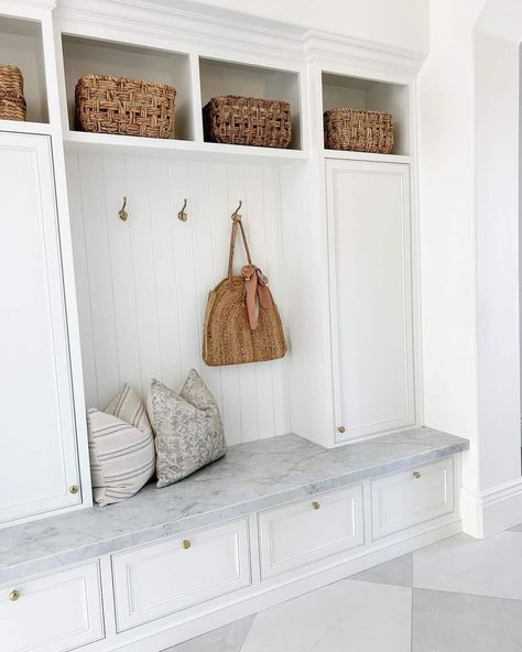 Drawer Bench, Marble Herringbone Floor, Modern Farmhouse Mudroom, Mudroom Bench With Drawers, Custom Home Build, French Farmhouse Kitchen, Build Design, French Farmhouse Style, Modern French Country