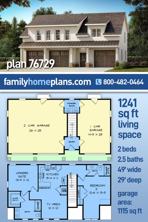 Garage-Living Plan With 3 Bays (Plan 76729) Apartment House Plans, Garage With Apartment, Barn Style Garage, Garage Apartment Floor Plans, Garage With Living Quarters, Garage Apartment Plan, House Plans Ideas, Carriage House Plans, Garage Apartment Plans