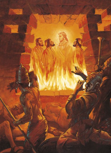 Three Men in the Fiery Furnace (Shadrach, Meshach, and Abednego in the Fiery Furnace), by William Maughan (62093); GAK 116; GAB 25; Primary manual 1-56; Primary manual 6-14; Daniel 3; Alma 36:3 Sadrac Mesac Y Abednego, Fiery Furnace, Biblical Artwork, Arte Judaica, Bible Images, Bible Illustrations, Bible Characters, Bible History, Bible Pictures