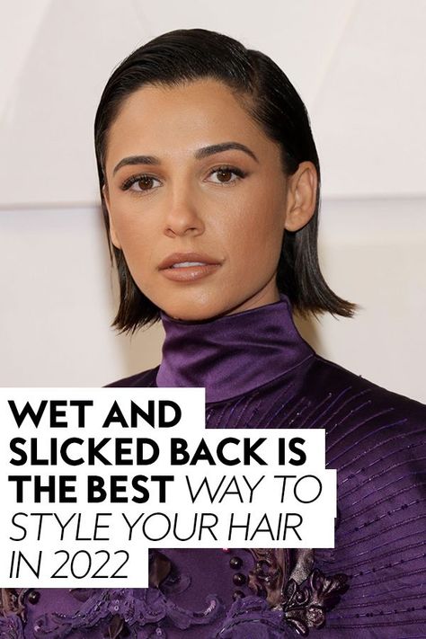 This out-of-the-shower wet hair look has elevated from crunchy curls to a slicked back long hair style. #hairtips #hairinspiration Slicked Wet Hair Look, Slick Back Wet Hair Look Short, Short Hair Wet Hairstyles, Slicked Back Hair Short For Women, Wet Hair Look On Short Hair, Slicked Bob Short Hair, Straight Wet Hair Look, Slicked Back Shoulder Length Hair, How To Slick Hair Back