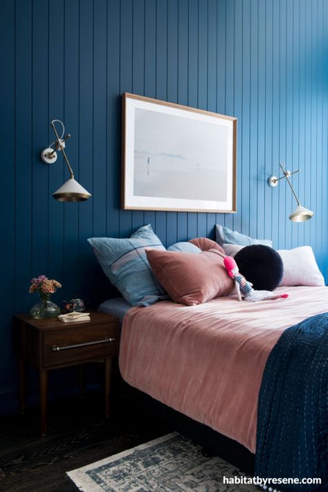 TV couple’s stunning renovation | Habitat by Resene Interior Panelling, Blue And Pink Bedroom, Dark Blue Bedrooms, Parents Bedroom, Pink Bedroom Decor, Big Personality, Small Bedrooms, Bedroom Remodel, Pink Bedrooms