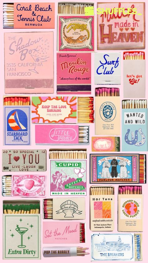 matchbox art Apartment Wall Decor, Love Com, Cupid Love, Matchbook Art, Matchbox Art, California Surf, Collage Background, Girly Tattoos, Art Collage Wall