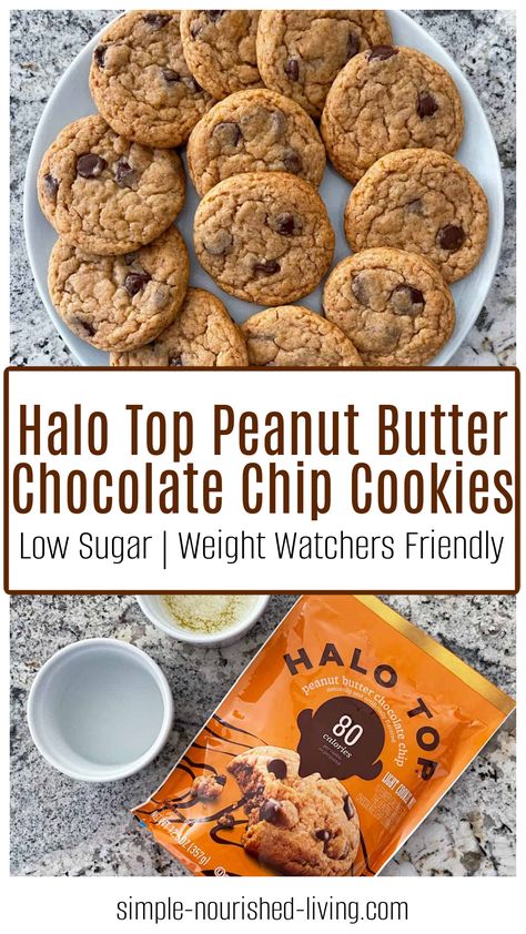 Top Photo: white round plate with peanut butter chocolate chip cookies artfully arranged in concentric circle. Bottom: Package of Halo Top Cookie Mix, Ramekin of melted butter, Ramekin of water. Text Box in the Center: Halo Top Peanut Butter Chocolate Chip Cookies. Low Sugar. Weight Watchers Friendly. Halo Top Recipes, Weight Watchers Chocolate Chip Cookies, Weight Watchers Cookies, Weight Watcher Cookies, 3 Ingredient Cookies, Chocolate Chip Cookie Mix, Chocolate Chip Cookies Ingredients, Peanut Butter Chocolate Chip Cookies, Ww Desserts