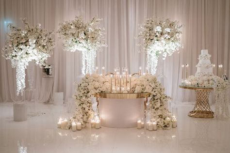 Peonies Arrangements Wedding, White Luxe Wedding, Mr And Mrs Table Wedding Elegant, Alfond Inn Wedding, Sweet Heart Table Florals, Elegant Wedding Stage Decor, Bride Table Decoration, Sweetheart Table Wedding Elegant, White Wedding Decor Elegant