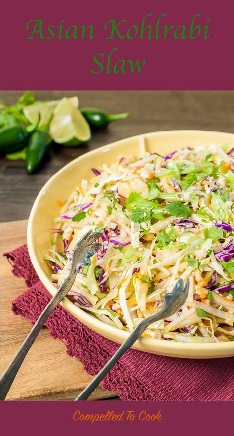 Crunchy cabbage and kohlrabi with a hint of sesame and spiced up with jalapeño for a refreshing Asian inspired slaw. Cheese Sauce Recipes, Kohlrabi Slaw, Recipe With Cheese, Cheddar Cheese Sauce, Slaw Recipe, Asian Slaw, Leafy Green Salads, Cheese Sauce Recipe, Cabbage Recipe