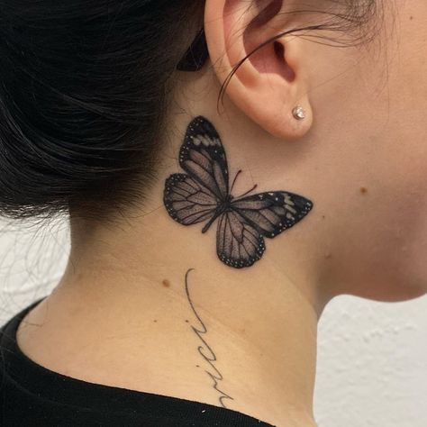 Butterfly Side Neck Tattoo, Cover Up Tattoo Behind Ear, Feminine Shoulder Tattoos, Side Neck Tattoo, Neck Tattoos Women, Shoulder Tattoos, Tattoo Cover-up, Tat Ideas, Women's Cover Up