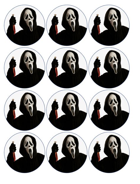 You are buying a set of 12- "ghost face" edible toppers, as shown in the photo PLEASE READ THE INFO BELOW BEFORE PURCHASING please see the size comparison chart in photos the 1 inch size is about the size of a nickel, good for cake pops, chocolate strawberries and pretzel rods the 1.5 inch size is about the size of a half dollar coin this size is perfect for chocolate covered strawberries, cake pops, mini cupcakes, drink toppers, champagne toasts the 2 inch size is the exact size of the top of a regular sized cupcake this size is perfect for chocolate covered oreos, regular sized cupcakes, cookies, drink toppers the 2.5 inch size is LARGER THAN a regular sized cupcake, or chocolate covered Oreo  this size is perfect for cookies, small cakes, cake decorating the 3 inch size MUCH LARGER THAN Ghost Face Cupcakes, Ghostface Party, Chocolate Covered Strawberries Cake, Halloween Cupcake Design, Cake Pops Chocolate, Horror Cake, Strawberries Cake, Imprimibles Halloween, Drink Topper