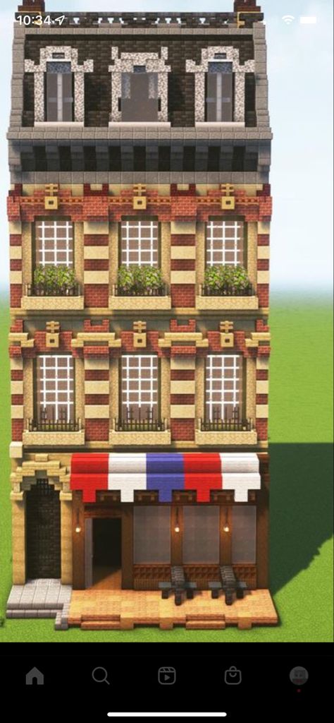 Minecraft Shop Exterior, Minecraft Map Wall Ideas, Minecraft Parisian House, Minecraft Modern Apartment Building, London Minecraft Builds, Minecraft Paris House, Minecraft Shop House, Minecraft Center Of Town Ideas, Minecraft City Wall Designs