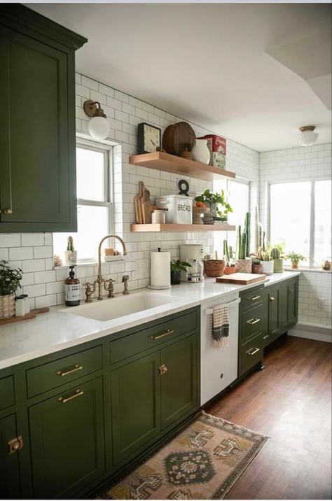 Olive Green Kitchen, One Wall Kitchen, Dark Green Kitchen, Green Kitchen Cabinets, White Kitchen Decor, Kitchen Remodel Inspiration, Green Cabinets, Boho Kitchen, Kitchen Inspiration Design