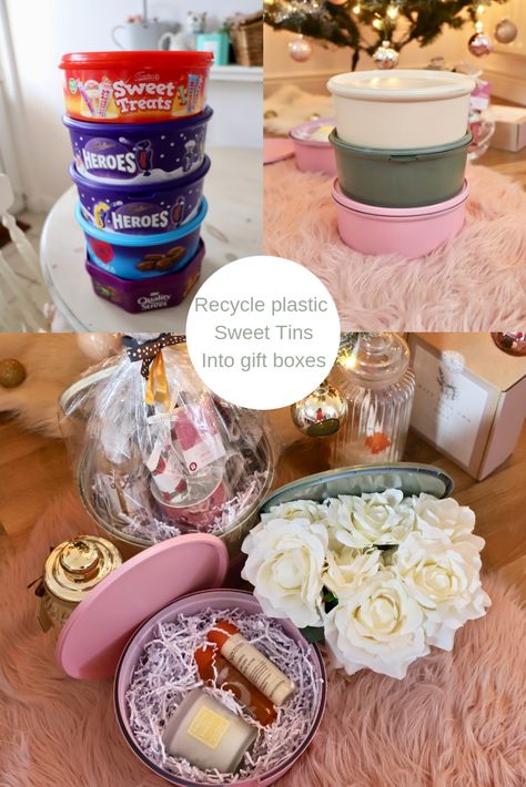 How to recycle plastic sweet tins into gift boxes Upcycling Recycling, Gifts Homemade, Eco Crafts, Diy Spray Paint, Aluminum Can Crafts, Dainty Dress, Crate Diy, How To Recycle, Dessert Gifts