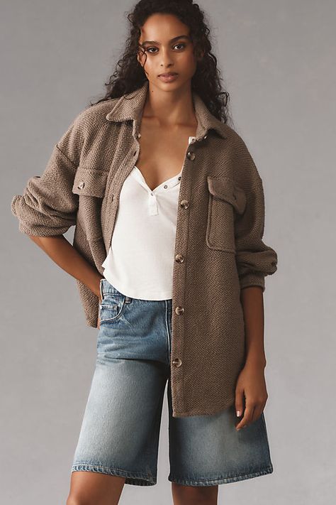 100% cotton Chest flap pockets Button front Machine wash Imported | Knit Shacket Jacket by Anthropologie in Beige, Women's, Size: Large, Cotton Anthropologie Fall, Special Event Dresses, Anthropologie Uk, 50 Fashion, Fall Outfits Women, Fall Outfit, Feminine Style, Fall Fashion, Outerwear Jackets