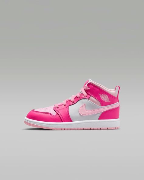 Jordan 1 Mid Younger Kids' Shoes. Nike CA Baby Shoes Jordans, Jordans Pink, Nike Kids Shoes, Jordan Mid, Pink Nike Shoes, Pink Nikes, Girls Sneakers, Jordan 1 Mid, Shoes Nike