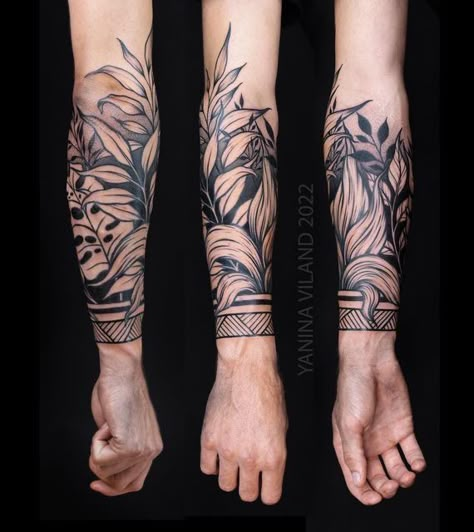 Tropical Tattoo Sleeve For Men, Mens Floral Forearm Tattoo, Leafy Floral Sleeve Tattoo, Japanese Leaves Tattoo, Arm Plant Tattoo, Leaves Tattoo Sleeve, Sleeve Tattoo Filler Ideas, Mens Floral Tattoo, Plant Tattoo Men