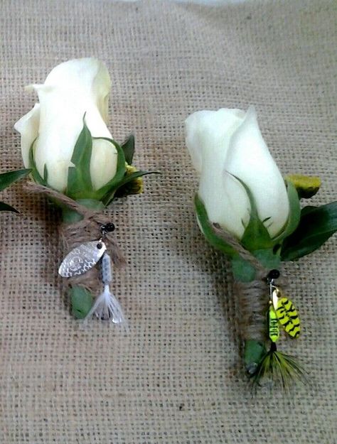 boutonniers from fishing lures | Boutiners with fishing lures Fishing Lure Boutonniere, Fishing Boutonniere, Fish Wedding, Fishing Themed Wedding, Weddings Idea, Fishing Wedding, Yard Wedding, June Wedding, Mom Wedding