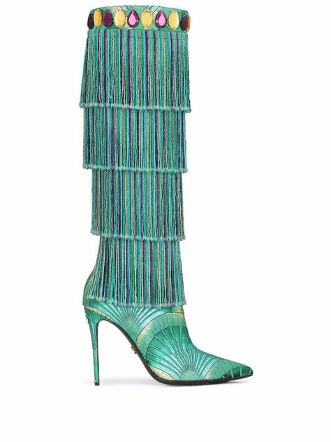 green/multicolour silk blend/leather patterned jacquard metallic threading fringed edge gemstone detailing pointed toe pull-on style knee-high high stiletto heel Boots Store, Dolce Gabbana Shoes, Dolce E Gabbana, Dolce & Gabbana, Boots For Sale, Stiletto Heel, Boot Shoes Women, High Boots, Knee High Boots