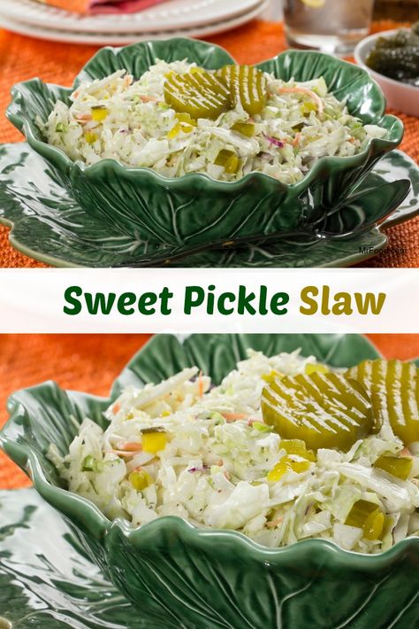 This is a great sweet, and tangy slaw for a cookout! Pool Room Slaw Recipe, Pickle Slaw Recipe, Sweet Coleslaw Recipe, Mr Food Recipes, Sweet Pickles Recipe, Easy Pickle, Spicy Pickles, Coleslaw Recipe Easy, Easy Grilling Recipes