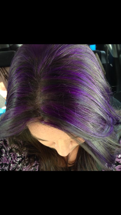 My purple highlights with my dark brown hair Purple Streak In Brown Hair, Brown Hair Dyed Purple, Purple Streaks In Brown Hair, Hair Highlights Purple, Dark Hair Highlights, Purple Highlights Brown Hair, Colored Streaks, Highlights Purple, Underdye Hair